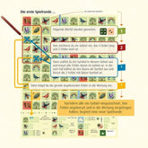 Anleitungsgrafik zur ersten Spielrunde von Blätterrauschen mit Würfeln und Spielfeldbeispiel.