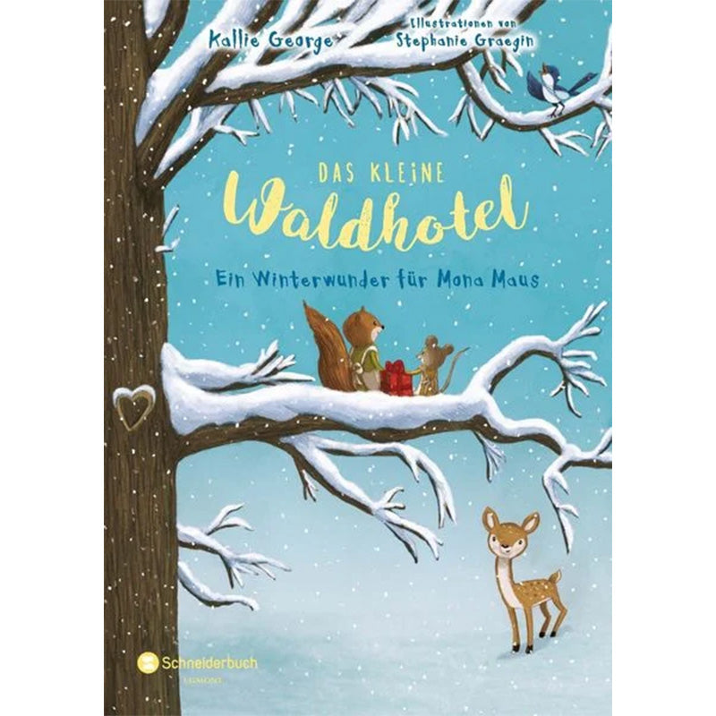 Buchcover: Titel „Das kleine Waldhotel – Ein Winterwunder für Mona Maus“ – zeigt ein Eichhörnchen und eine Maus mit einem roten Geschenk auf einem verschneiten Ast, darunter steht ein Rehkitz im Schnee.