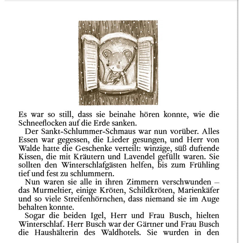 Buchseite: Illustration einer kleinen Maus, die aus einem Fenster schaut, während draußen die Schneeflocken fallen.