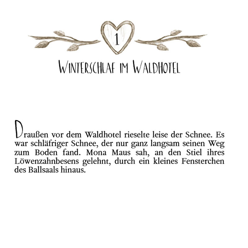 Buchseite: Kapitelanfang mit der Überschrift „Winterschlaf im Waldhotel“, verziert mit einem gezeichneten Herz und Ästen.