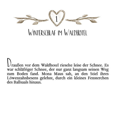 Buchseite: Kapitelanfang mit der Überschrift „Winterschlaf im Waldhotel“, verziert mit einem gezeichneten Herz und Ästen.