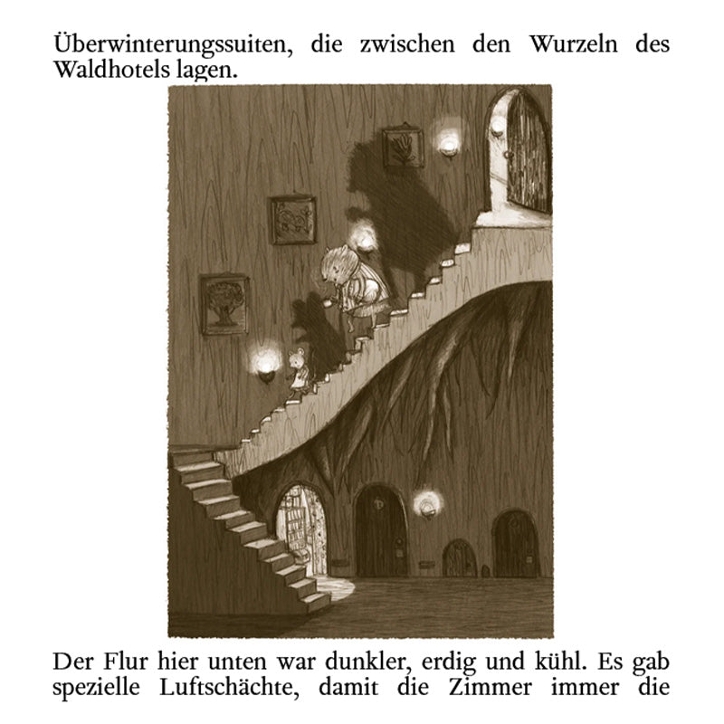Buchseite: Zeichnung eines dunklen Flurs im Waldhotel, in dem Tiere eine Treppe hinuntersteigen, um in ihre Überwinterungssuiten zu gelangen.