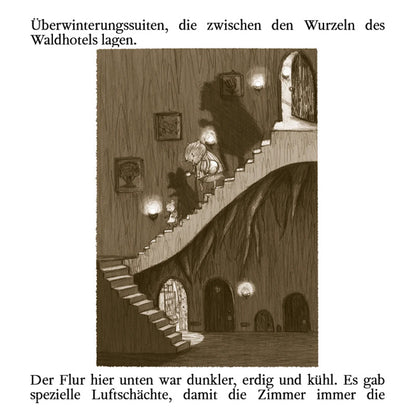 Buchseite: Zeichnung eines dunklen Flurs im Waldhotel, in dem Tiere eine Treppe hinuntersteigen, um in ihre Überwinterungssuiten zu gelangen.