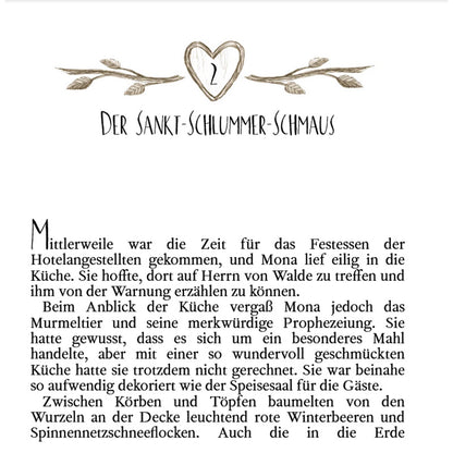 Buchseite: Kapitelanfang „Der Sankt-Schlummer-Schmaus“ mit dekorativem Herz und Zweigen, dazu Text über das Festmahl der Hotelbewohner.
