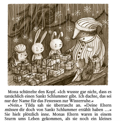 Buchseite: Illustration mehrerer Tiere – darunter ein Dachs, zwei Hasen, ein Igel und eine Maus – die an einem Tisch voller Geschenke sitzen und fröhlich beisammen sind.