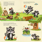 Buchseite mit mehreren Tierkindern, darunter ein kleiner Waschbär, ein Mäusebaby, ein Dachs, eine Schildkröte und ein Vogel, die gemeinsam auf einer Blumenwiese spielen.