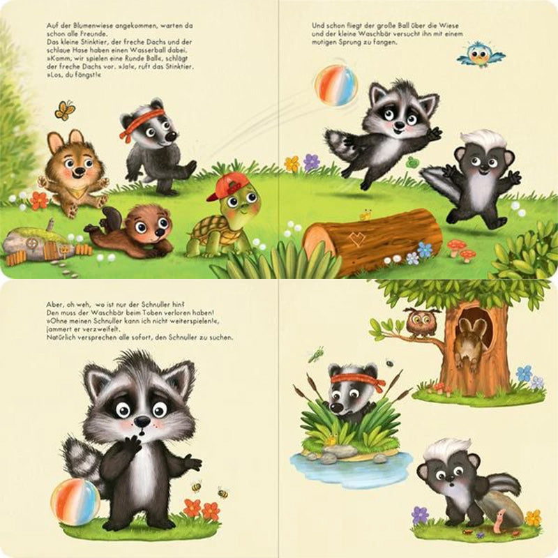 Buchseite mit mehreren Tierkindern, darunter ein kleiner Waschbär, ein Mäusebaby, ein Dachs, eine Schildkröte und ein Vogel, die gemeinsam auf einer Blumenwiese spielen.