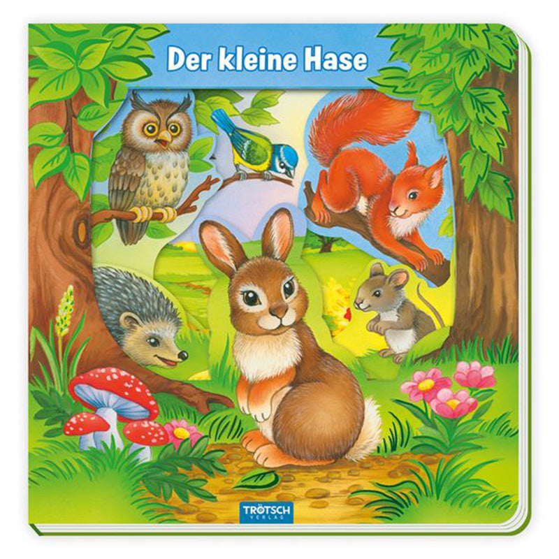 Buchcover: Titel „Der kleine Hase“, zeigt einen Hasen im Wald, umgeben von Eule, Maus, Igel, Eichhörnchen und Vögeln in einer bunten Frühlingslandschaft.