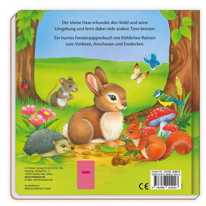 Buchrückseite: Der kleine Hase sitzt mit seinen Waldfreunden auf einer Wiese; Beschreibung eines farbenfrohen Reim-Bilderbuchs zum Entdecken und Vorlesen.