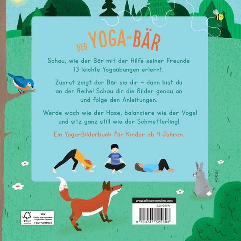 Buchrückseite von „Der Yoga-Bär“ mit Beschreibung des Inhalts und kleinen Yoga-Illustrationen für Kinder.