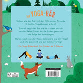 Buchrückseite von „Der Yoga-Bär“ mit Beschreibung des Inhalts und kleinen Yoga-Illustrationen für Kinder.