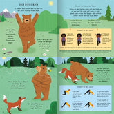 Buchseite aus „Der Yoga-Bär“ mit Einführung in das Buch, Bär zeigt erste Yogaübungen mit Fuchs.