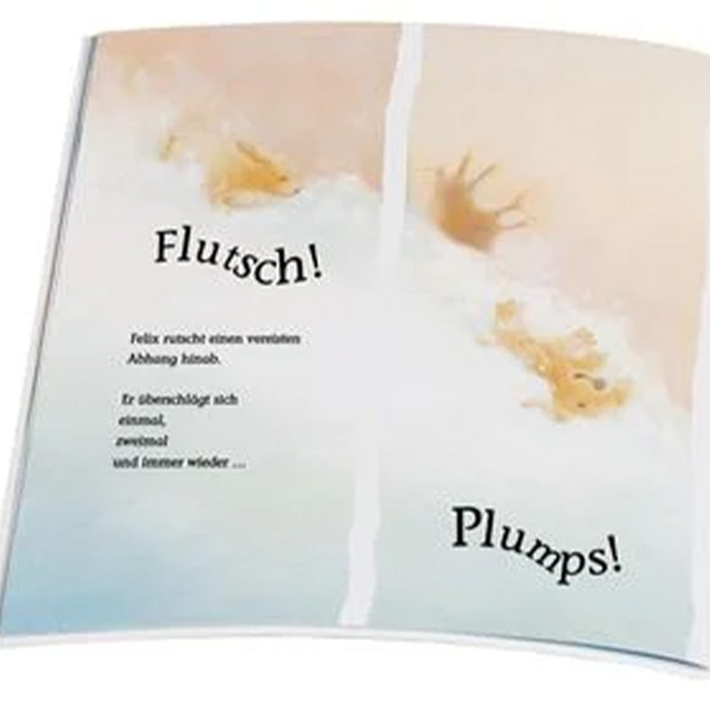 Innenseite mit dem Text „Flutsch! Plumps!“. Zu sehen sind helle Wasser- und Spritzspuren – eine Szene, in der etwas ins Wasser fällt. Der Text beschreibt, wie Felix einen Hang hinabrutscht.