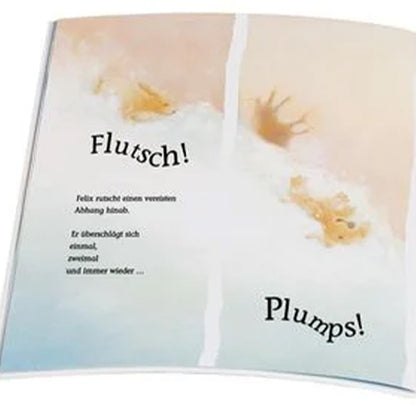 Innenseite mit dem Text „Flutsch! Plumps!“. Zu sehen sind helle Wasser- und Spritzspuren – eine Szene, in der etwas ins Wasser fällt. Der Text beschreibt, wie Felix einen Hang hinabrutscht.