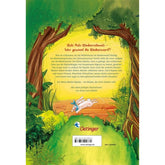 Buchrückseite – Gelbe Waldszene mit Text über Rapidos Abenteuer und einem weißen Hasen, der auf dem Rücken liegt.