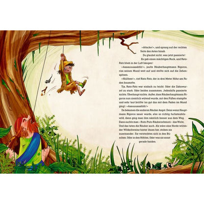 Buchseite – Rapido hängt an einem Seil im Baum, während unten ein bärtiger Räuber zuschaut.