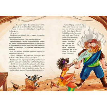 Buchseite – Zwei Kinder und ein Waschbär versuchen einem Räuber mit brennendem Bart zu helfen.