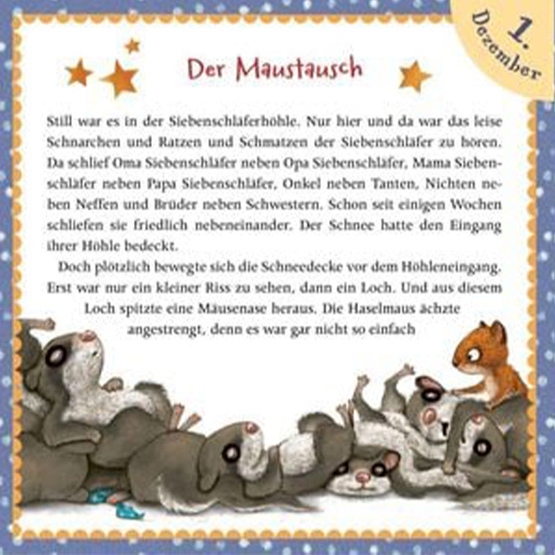 Buchseite: Geschichte „Der Maustausch“ – zeigt mehrere schlafende Siebenschläfer in einer Höhle, während eine kleine Haselmaus sie neugierig besucht.