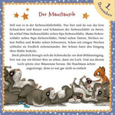 Buchseite: Geschichte „Der Maustausch“ – zeigt mehrere schlafende Siebenschläfer in einer Höhle, während eine kleine Haselmaus sie neugierig besucht.