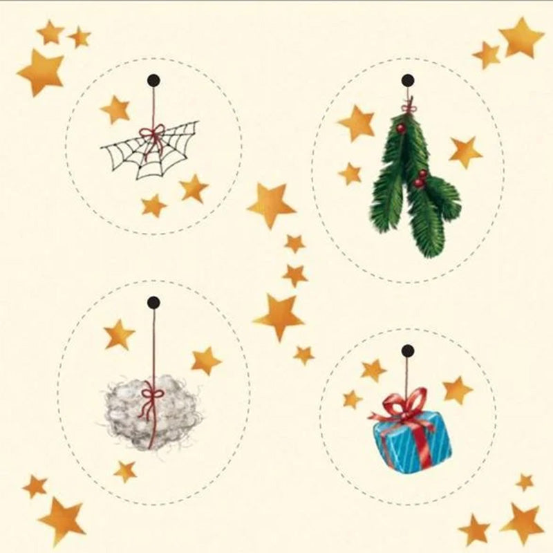 Motivkarte: Vier runde Anhänger mit weihnachtlichen Symbolen – ein Spinnennetz, Tannenzweige, Watteflocke und Geschenk, umgeben von goldenen Sternen.
