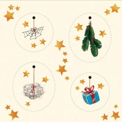 Motivkarte: Vier runde Anhänger mit weihnachtlichen Symbolen – ein Spinnennetz, Tannenzweige, Watteflocke und Geschenk, umgeben von goldenen Sternen.