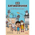Buchcover – Drei Kinder mit Waschbären in einem Labor, Titel „Die Erfinderchen – Die Brot­kopier­maschine“.