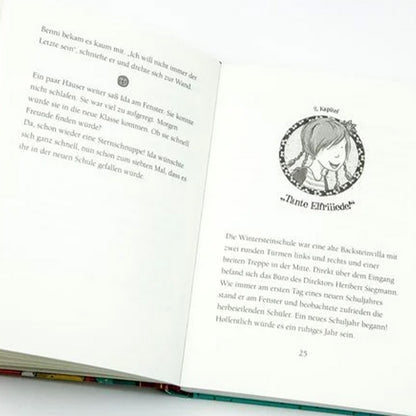 Buchseite: Kapitelanfang „Tante Elfriede“ mit einer Zeichnung eines Mädchens (vermutlich Ida) über dem Text; Einführung der Wintersteinschule im Text.