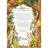 Buchrückseite mit Illustration eines Rehs, einer Maus und einer Eule im Wald sowie Beschreibung zu 15 Vorlesegeschichten voller Abenteuer.
