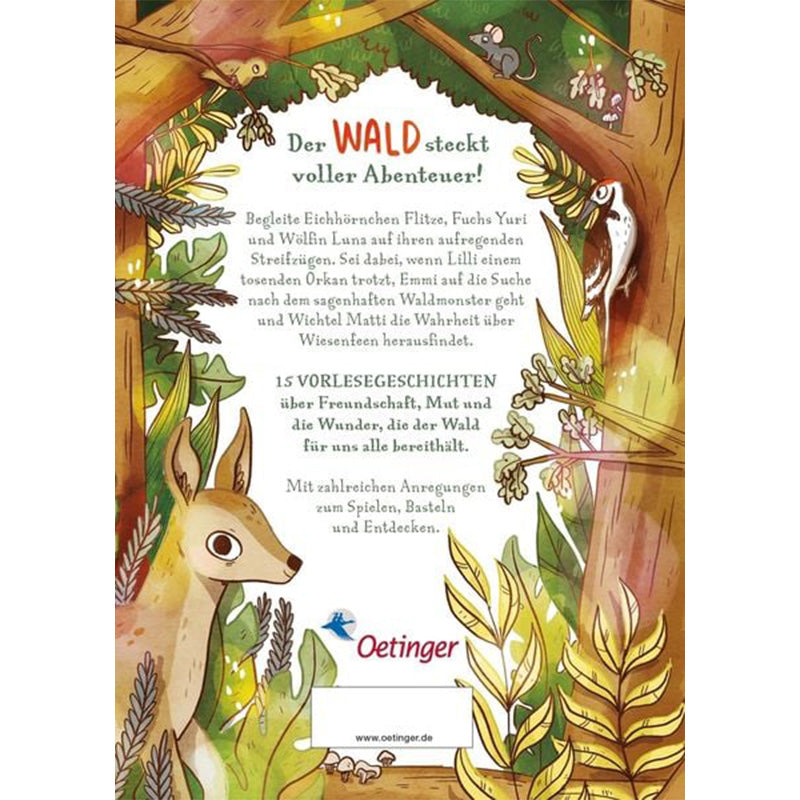 Buchrückseite mit Illustration eines Rehs, einer Maus und einer Eule im Wald sowie Beschreibung zu 15 Vorlesegeschichten voller Abenteuer.
