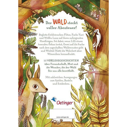 Buchrückseite mit Illustration eines Rehs, einer Maus und einer Eule im Wald sowie Beschreibung zu 15 Vorlesegeschichten voller Abenteuer.

