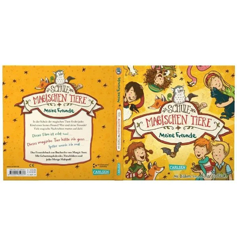 Umschlag des Freundebuchs Die Schule der magischen Tiere – Meine Freunde von Margit Auer mit Illustrationen von Nina Dulleck. Vorderseite: fröhliche Kinder und ihre magischen Tiere wie Fuchs, Eule, Fledermaus und Schildkröte rund um den Titel auf gelbem Hintergrund. Rückseite: kurze Beschreibung des Buchs mit Platz für Freundeeinträge, Geburtstagskalender, Tiersteckbriefe und Malspaß