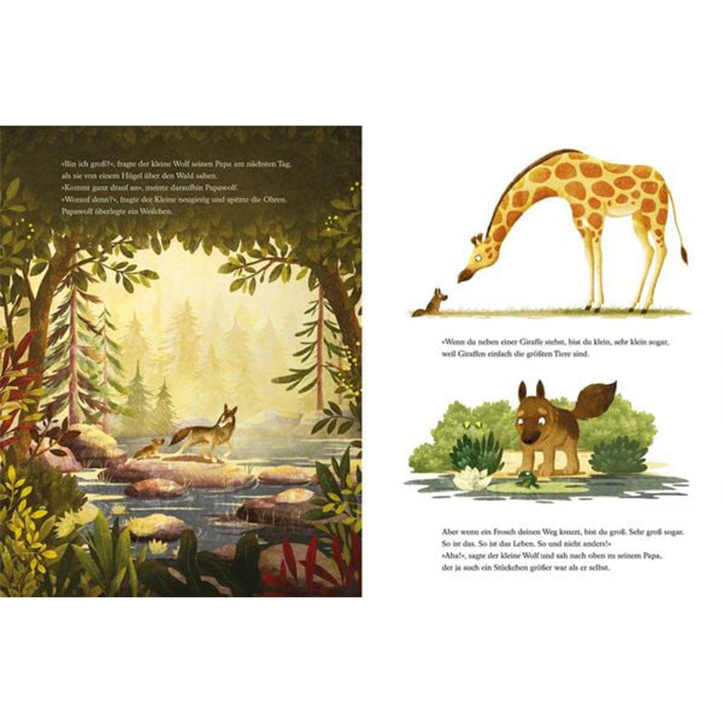 Doppelseite mit einem Wolf am Flussufer und einer Giraffe. Der kleine Wolf fragt seinen Papa, ob er groß sei. Die Antwort: Es kommt darauf an, mit wem man sich vergleicht – neben einer Giraffe ist man klein, aber für jemanden anderen kann man groß sein.