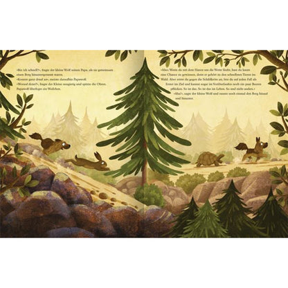 Zwei Wölfe laufen durch den Waldhang. Der kleine Wolf fragt, ob er schnell sei. Papa Wolf erklärt, dass es darauf ankommt – gegen Hasen verliert man, aber gegen Schildkröten gewinnt man sicher.