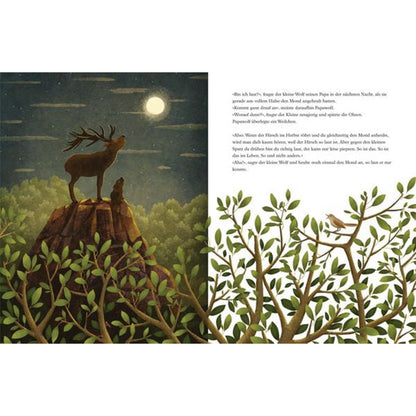 Eine nächtliche Szene mit einem Wolf und einem Hirsch auf einem Felsen, im Hintergrund der volle Mond. Der Papa erklärt, dass Stärke nicht immer im Größer- oder Lauter-Sein liegt – man kann auch leise und dennoch stark sein.