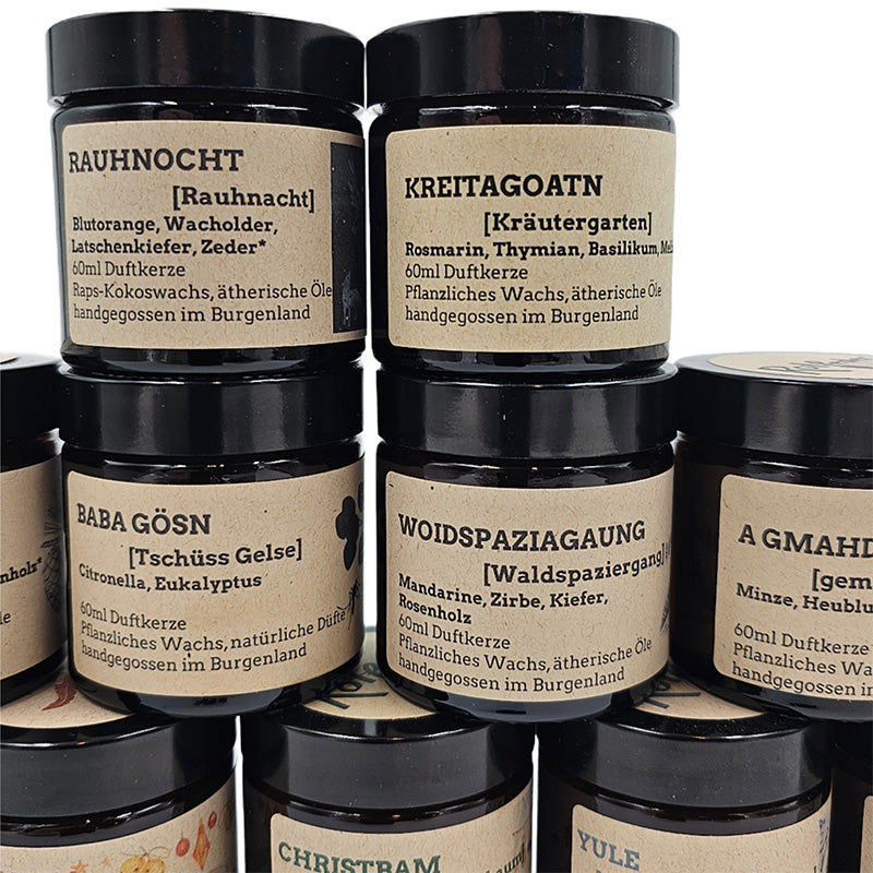 Fokus auf obere Reihe mit den Sorten „Rauhnocht“ und „Kreitagoatn“.