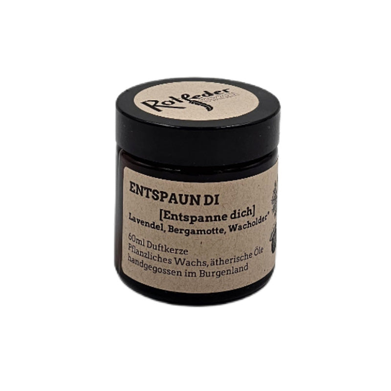 Einzelkerze „Entspaun Di“ mit entspannendem Duft aus Lavendel, Bergamotte und Wacholder.