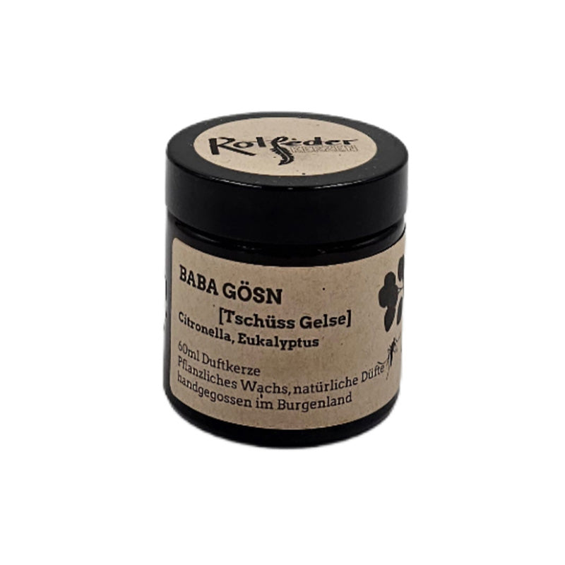 Einzelkerze „Baba Gösn“ mit Citronella- und Eukalyptusduft gegen Mücken.
