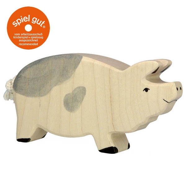 gefleckte Eber Holzfigur von Holztiger in naturweiß mit grauen Flecken