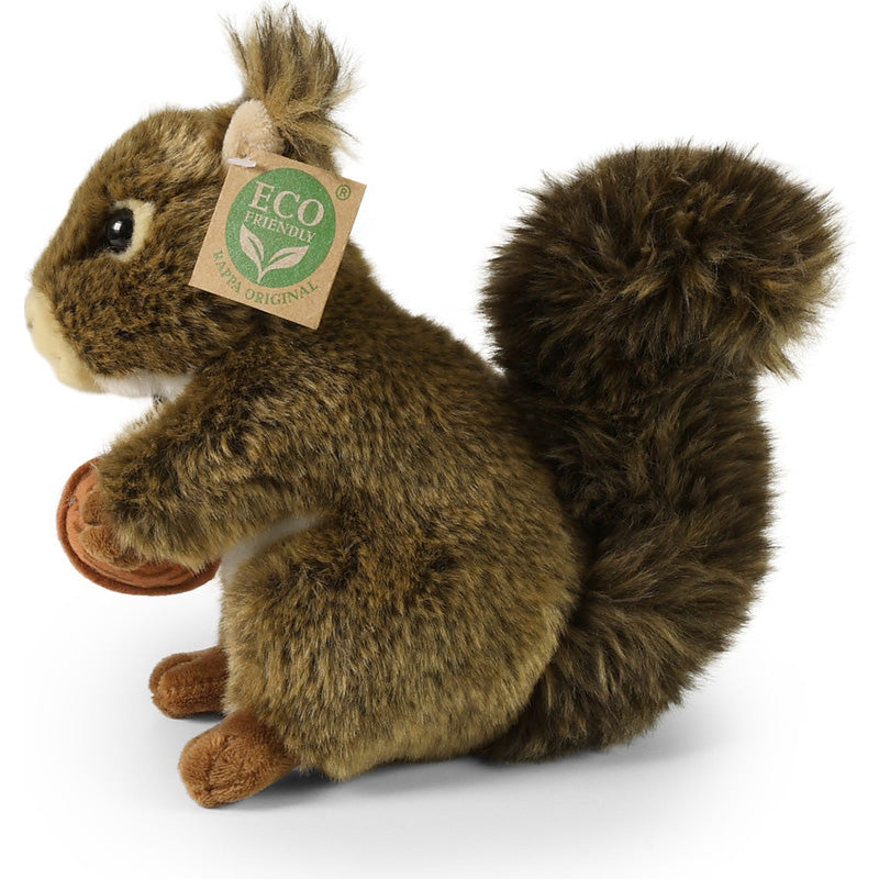 Seitenansicht links (Profil, Nuss sichtbar, buschiger Schwanz hinten).