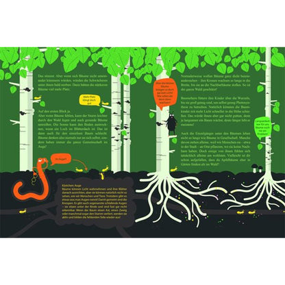 Buchseite. Szene mit mehreren Birkenbäumen, deren Wurzeln sich im Boden ausbreiten. Verschiedene Tiere wie Regenwurm und Käfer sind zu sehen. Text erklärt, wie Bäume miteinander verbunden sind und gegenseitig wachsen.