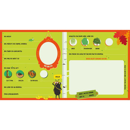 Ein Baum kommt selten allein – Mein Freundschaftsbuch, Doppelseite zum Ausfüllen mit Illustrationen und Fragen