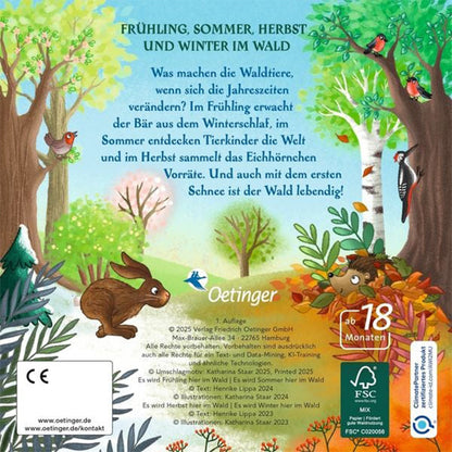 Bunt illustrierte Rückseite eines Kinderbuchs über Tiere im Wald und die Jahreszeiten. Zu sehen sind ein Hase, ein Eichhörnchen, Vögel und farbenfrohe Bäume in Frühlings-, Sommer- und Herbstfarben. In der Mitte steht ein Infotext zum Inhalt des Buches, unten das Oetinger-Logo.
