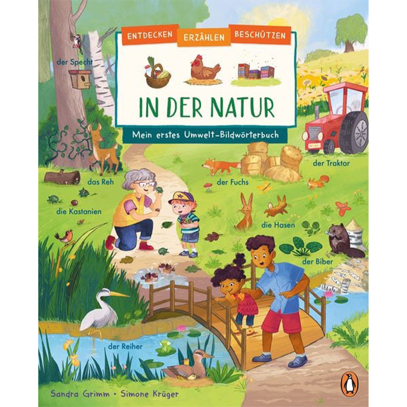 Buchcover von „In der Natur – Mein erstes Umwelt-Bildwörterbuch“. Zahlreiche Tiere wie Reh, Fuchs, Biber und Hasen auf einer Wiese mit Kindern und Traktor im Hintergrund.