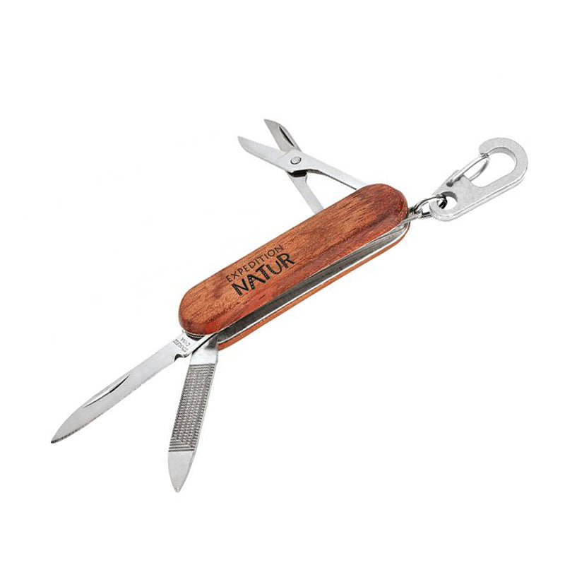 Taschenmesser im geöffneten Zustand mit Schere, Messer und Feile.