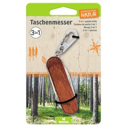 Verpackung des „Expedition Natur“ 3-in-1 Taschenmessers von Moses mit Walddesign-Hintergrund und Kompass-Symbol.