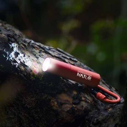 Clip Taschenlampe in rot, die auf einem Baumstamm liegt und bei Nacht leuchtet