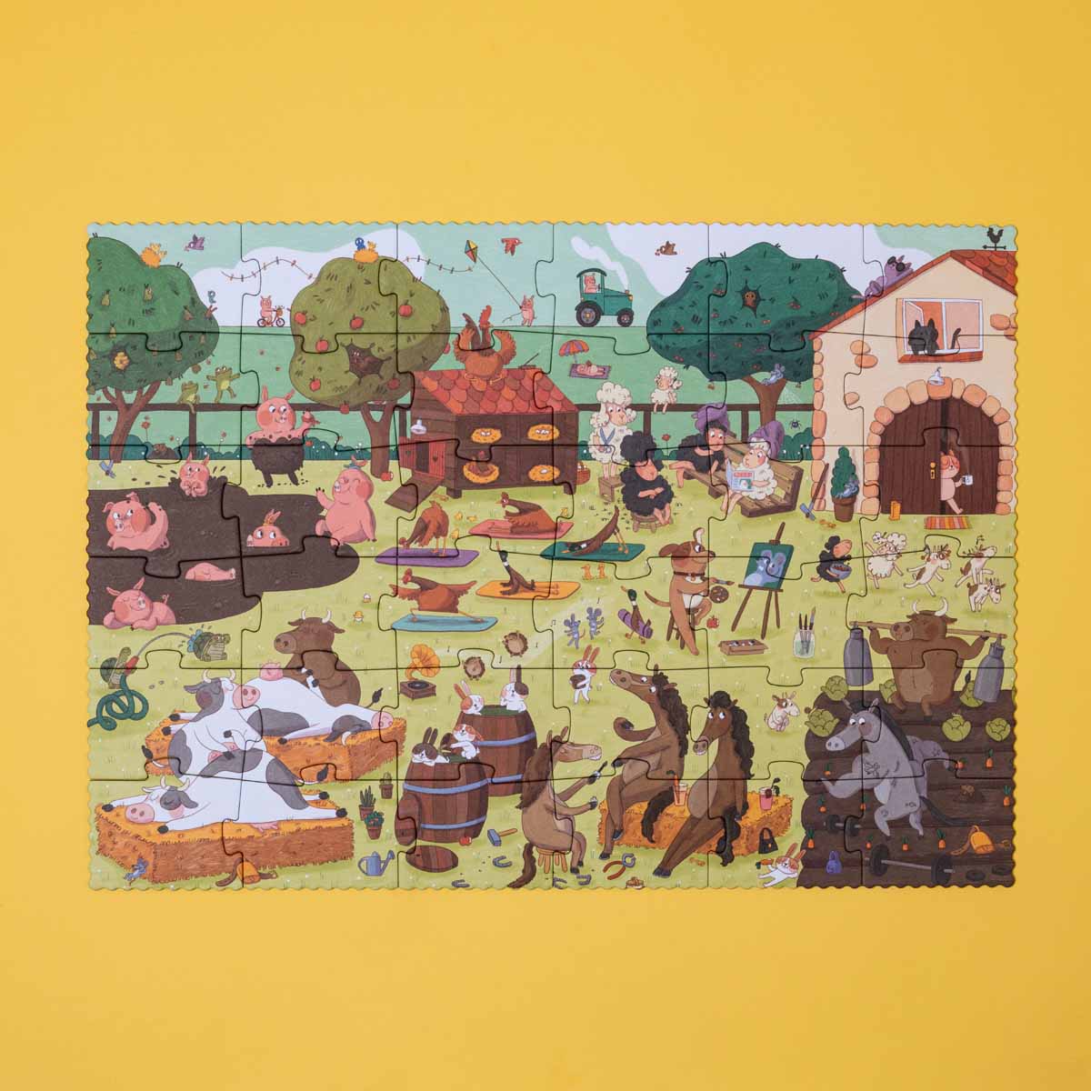 Fertig gelegtes Farmtastic Puzzle mit lustiger Bauernhofszene