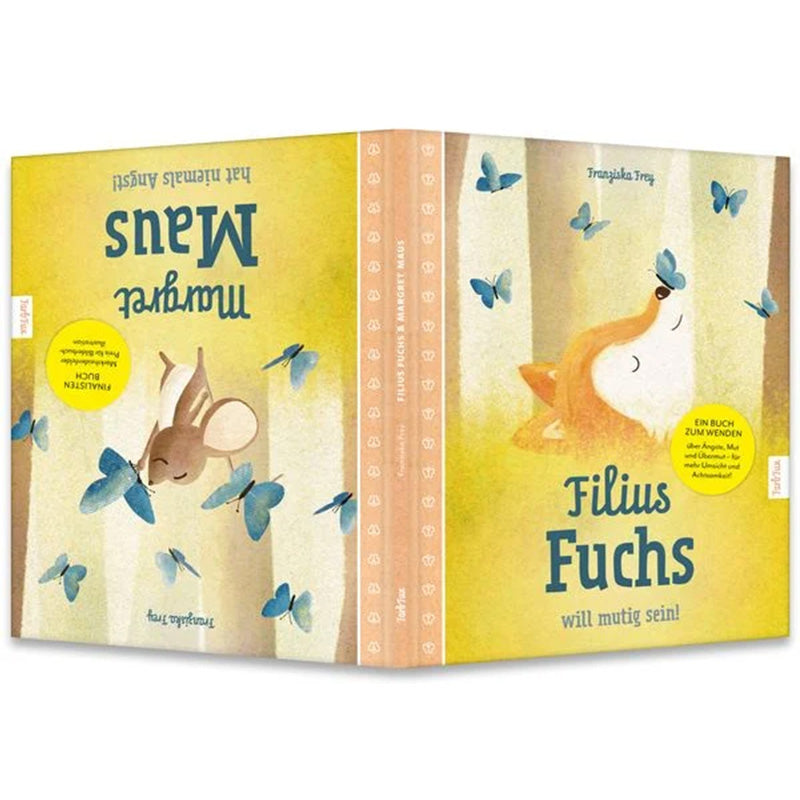 Buchcover: Wendebuch mit den Titeln „Filius Fuchs will mutig sein!“ und „Margret Maus hat niemals Angst!“, zeigt einen Fuchs und eine Maus umgeben von blauen Schmetterlingen.