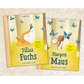 Buchcover: Zwei getrennte Buchseiten – links „Filius Fuchs“, rechts „Margret Maus“ – beide mit gelbem Hintergrund und Schmetterlingen dargestellt.