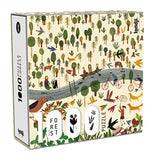 Verpackung des Forest 1000 Puzzle von Londji: Illustration mit dichtem Wald aus verschiedenen Baumarten, Fluss mit Kanufahrern, Radfahrern, Menschen am Ufer, Tieren wie Fuchs, Vögeln und Hirschen.